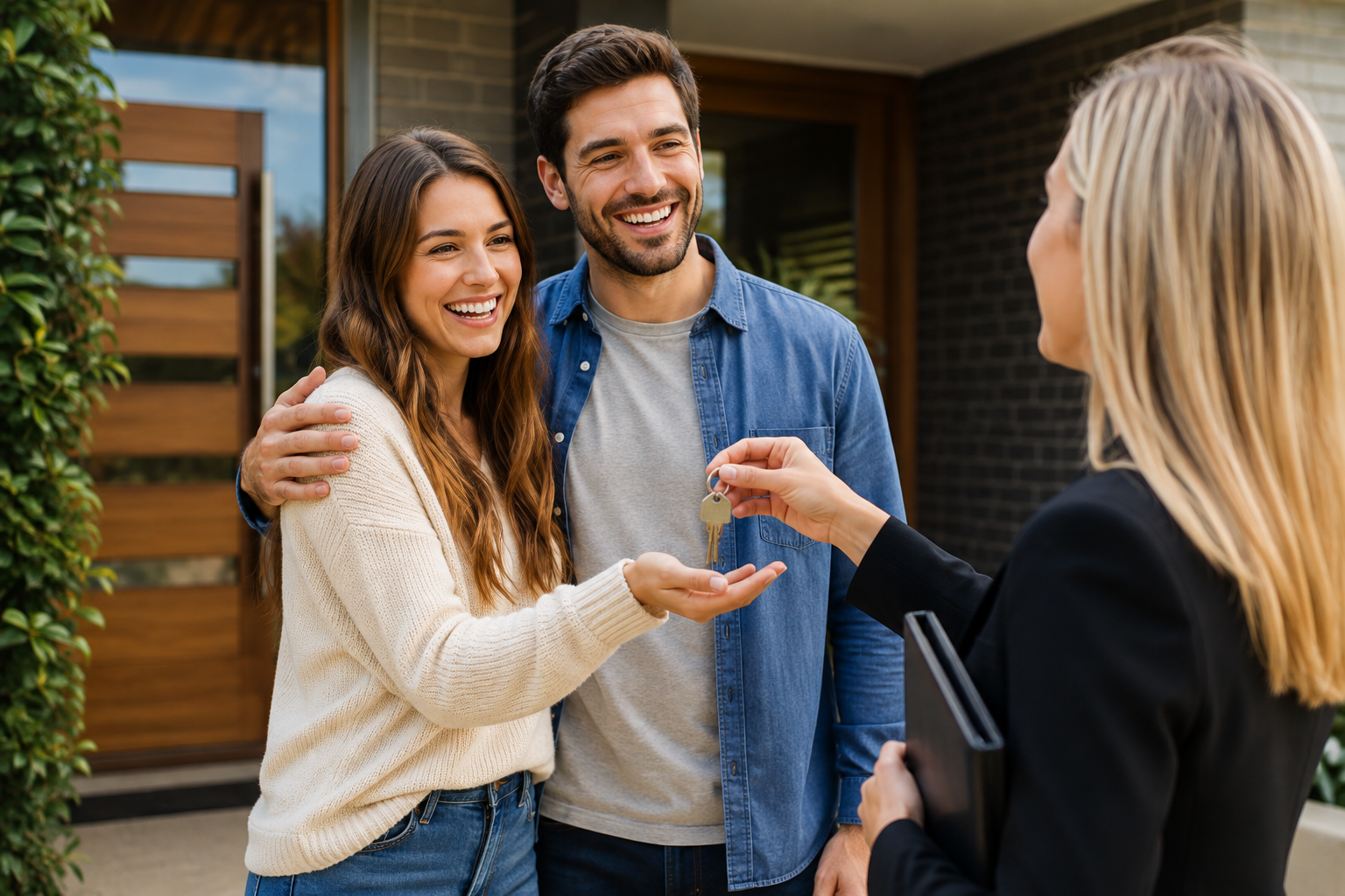 Happy first home buyers receiving the keys to their new home