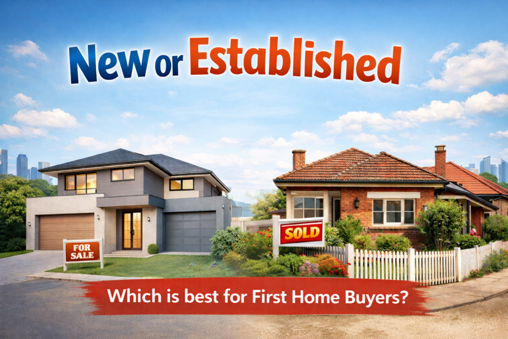 Comparison image showing a modern new home and an older established home with ‘For Sale’ and ‘Sold’ signs, asking which option is best for first home buyers.