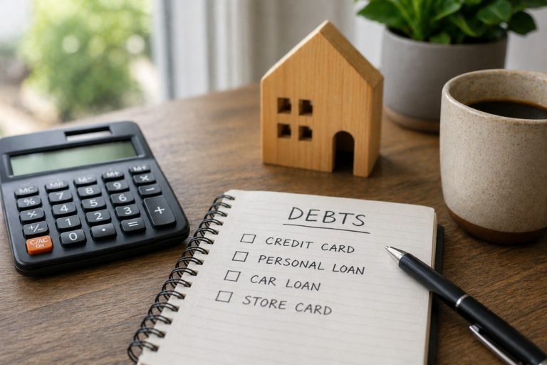 Calculator, notebook and house model on a desk, representing debt consolidation through refinancing a home loan.