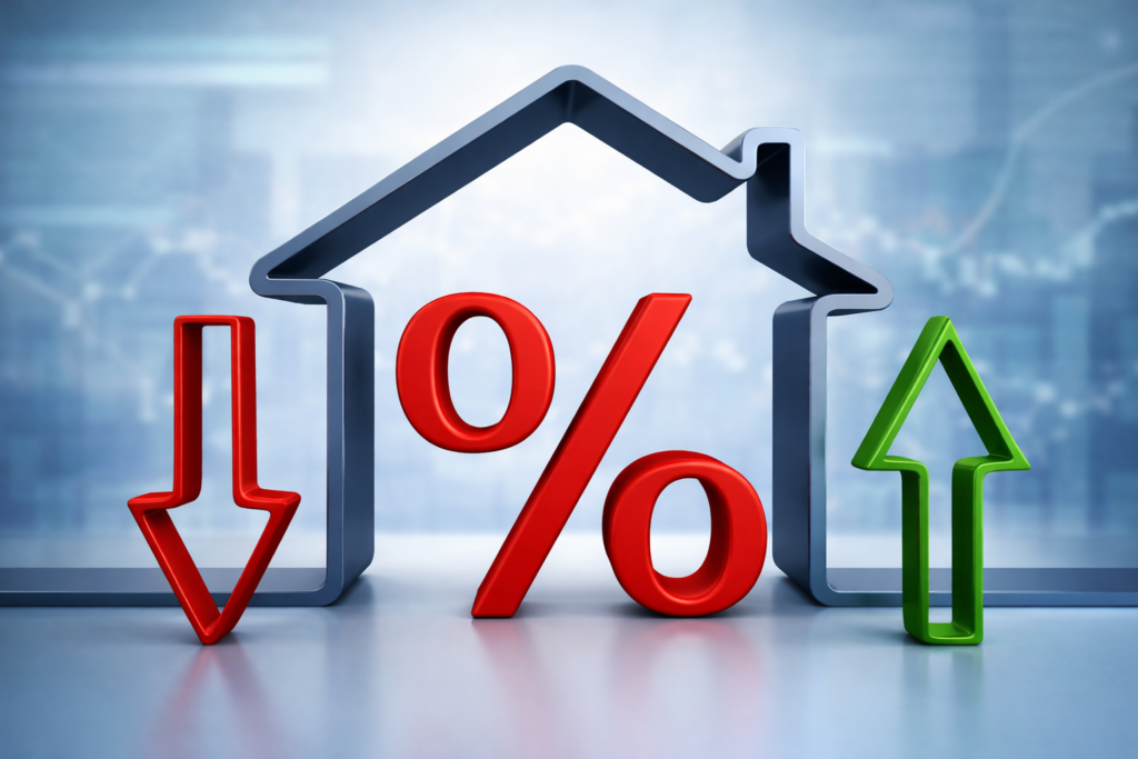 Interest rate symbols with a house outline and arrows showing rates moving up and down, representing the decision to fix a home loan interest rate in 2026.