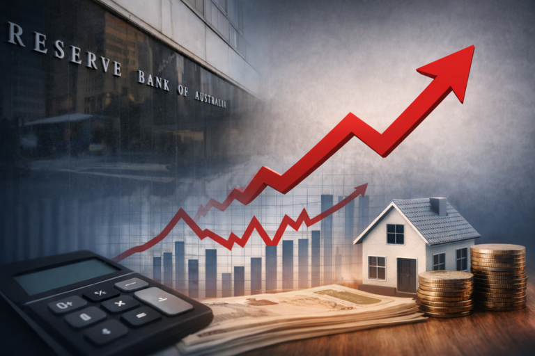 Illustration of rising interest rate graphs in front of the Reserve Bank of Australia building, with a house, coins and calculator representing the impact of a potential rate hike.