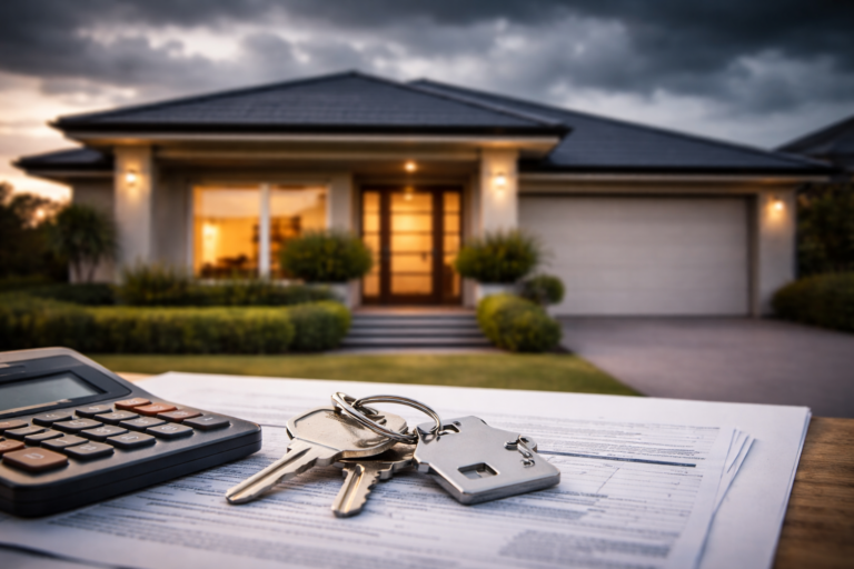 Home loan documents with house keys and a calculator in front of a house, representing reviewing your mortgage before an RBA meeting.